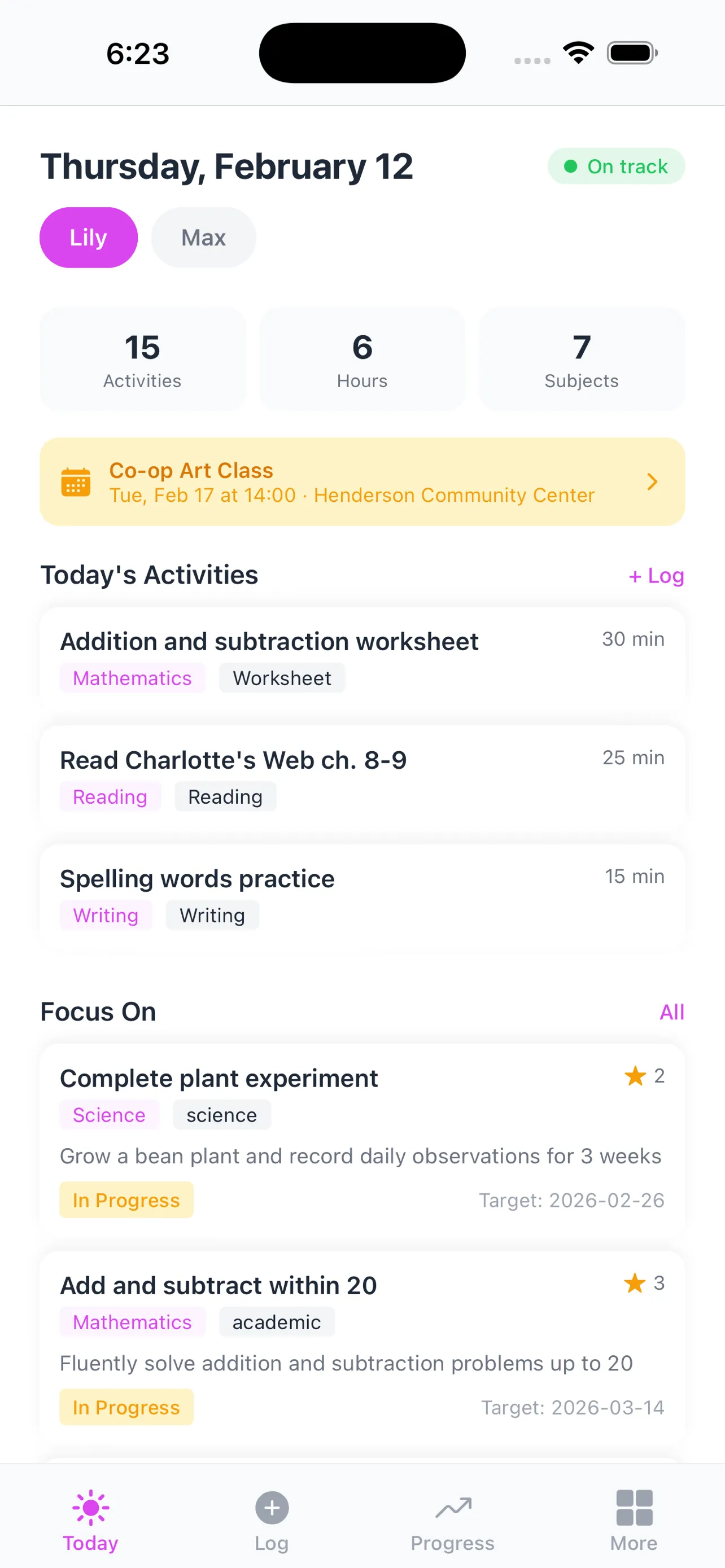 Homeschool app dashboard showing daily activities, upcoming events, and milestone progress