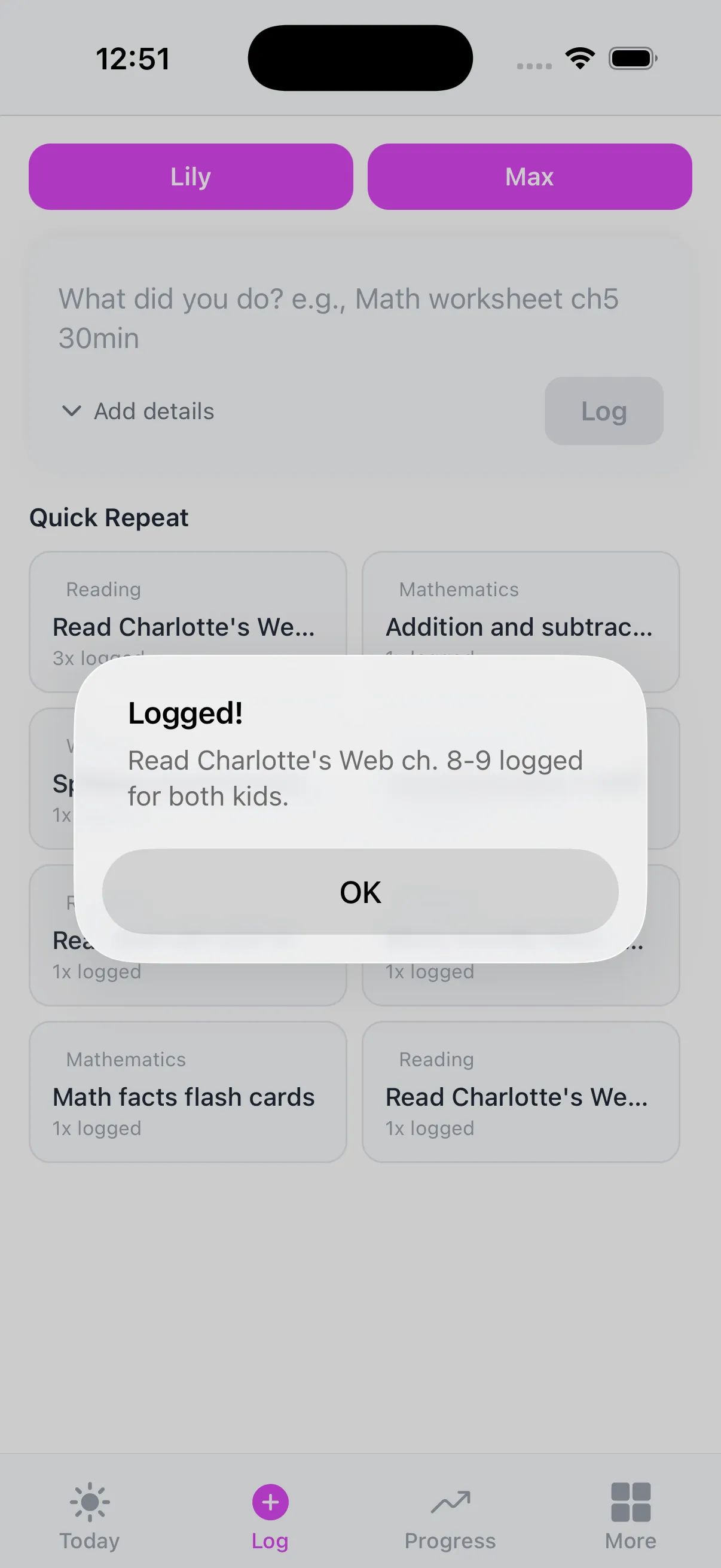 Activity logging screen with quick-repeat cards and student tabs