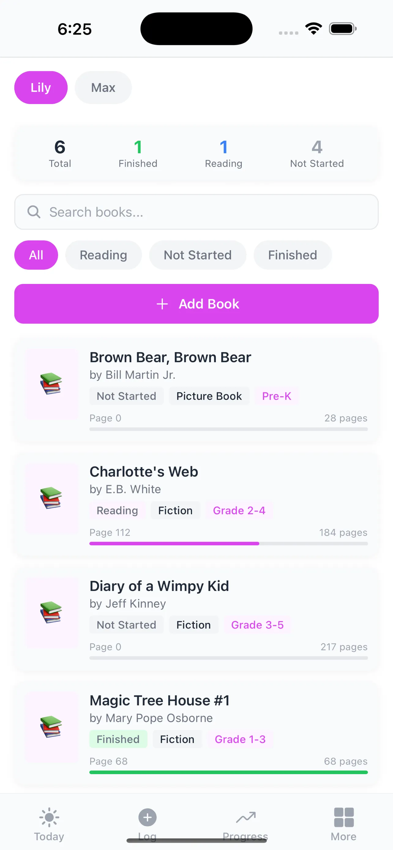 Book library with reading progress bars, search, and filters